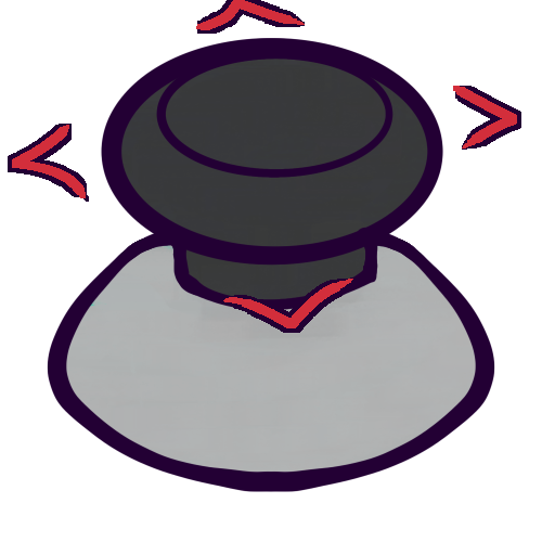 A drawing of a directional control stick that might be found on a video game controller, with red four arrows showcasing how the stick can be tilted. The stick is a dark grey circle with a “stem” at the bottom, protruding from a light grey, hemisphere-shaped base.